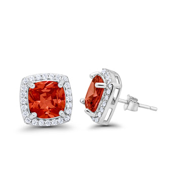 Halo Cushion Bridal Earrings Simulated Garnet CZ 925 Sterling Silver